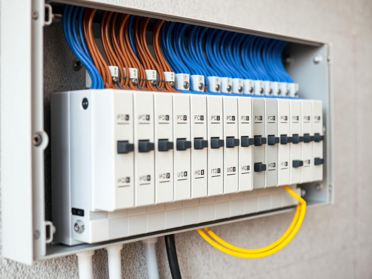 Neatly wired distribution board with colour-coded cabling