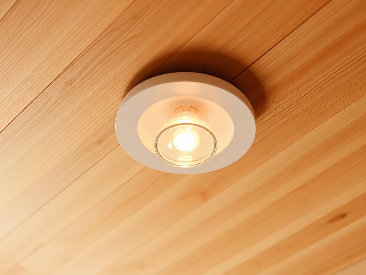Ceiling light fitting installed on a pine ceiling